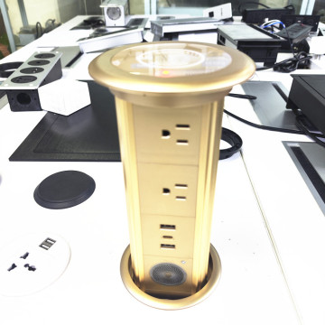 Golden 100mm Round Smart Kitchen Worktop Lifting Tower with USB Socket, Speaker, and Wireless Phone Charger