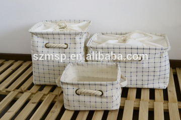 linen checkered print storage baskets with two cotton rope