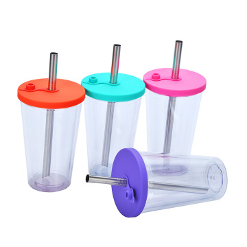 Portable Double-layer 16oz Plastic Cup with Large-hole Metal Straw Tumbler