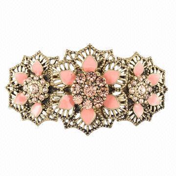 Floral Enameled Filigree Casting Spring Cuff with Peach Rhinestone and Enamel