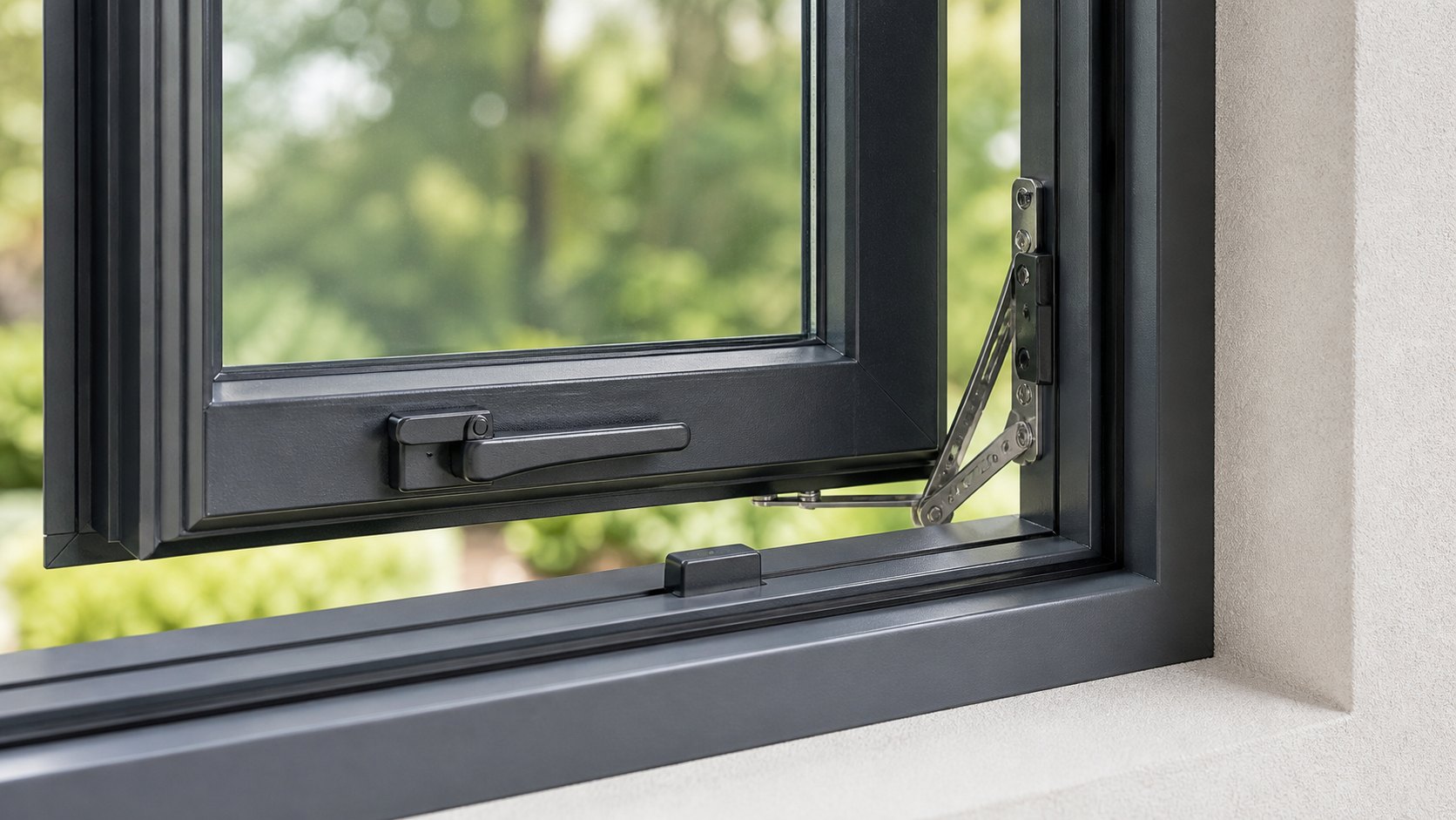 Close-up of a casement window latch, keeper, hinge linkage and compression gasket