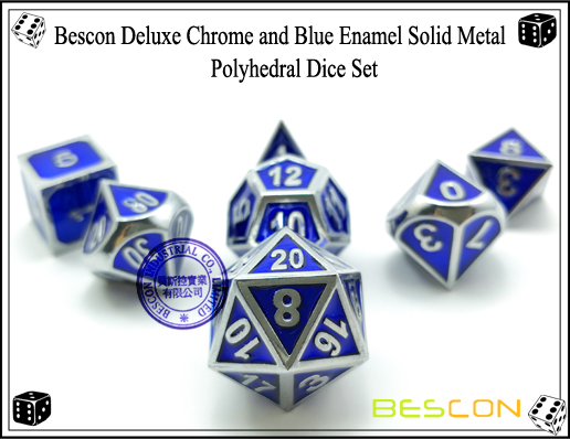 Bescon Deluxe Chrome and Blue Enamel Solid Metal Polyhedral Role Playing RPG Game Dice Set (7 Die in Pack)-1