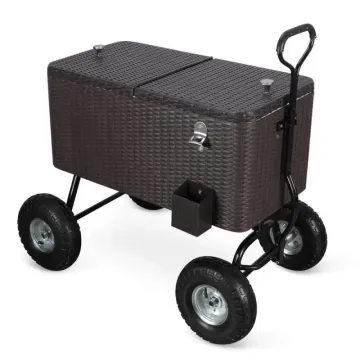 80qt Outdoor Rattan Wheeled Rolling Cart Beach Cooler Cart with 10inch Rubber Wheels