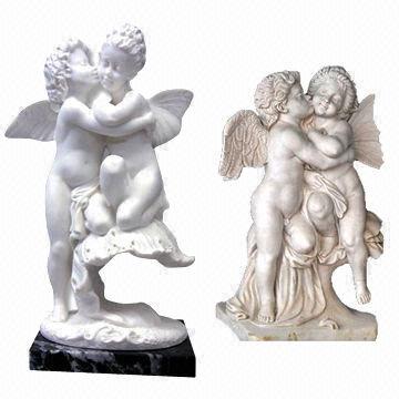29.3" Boy and Girl Kissing Angel Stone Sculpture In Exquisite Hand Carved