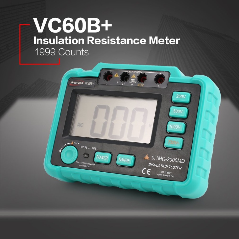 VC60B+ 1000V Digital Auto Range Insulation Resistance Meter Tester Megohmmeter Megger High Voltage LED Indication 1999 Counts
