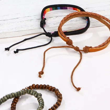 Rainbow Leather Bangle Jewelry Wooden Bead Bracelet For Girl