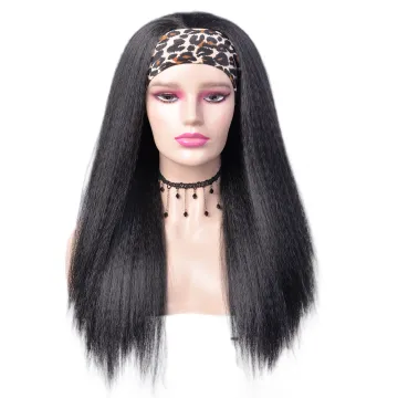 Wholesale long Black Deep Curl Turban Wigs Straight Wigs Heat Resistant Synthetic Wig With Headband Attached For Black Women