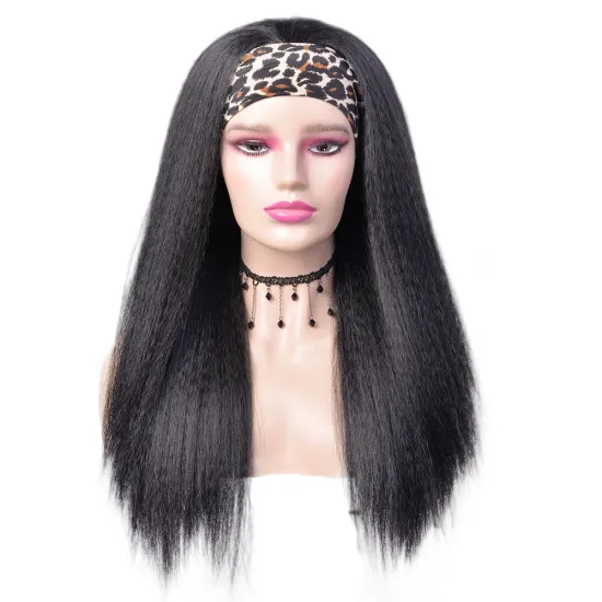 Wholesale long Black Deep Curl Turban Wigs Straight Wigs Heat Resistant Synthetic Wig With Headband Attached For Black Women