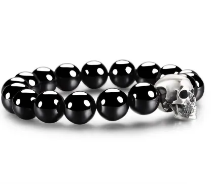 925 Sterling Silver Carved Skull & Black Obsidian Bracelet with Crystal Healing