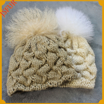 Top quality wool knitted hot style warm fur pom pom hat wool beanie