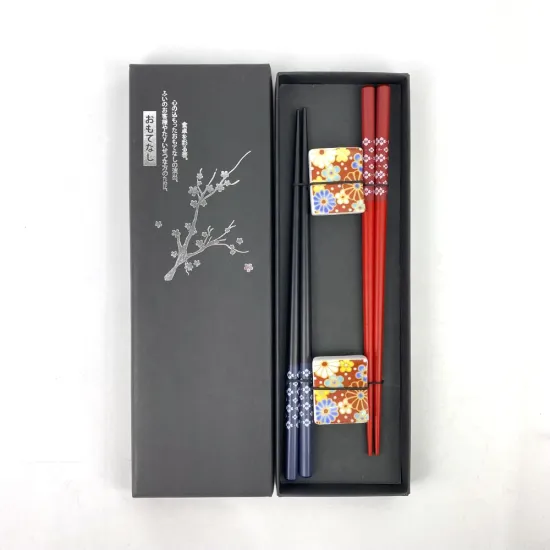 Custom Printed Lacquer Chopsticks Gift Set with Ceramic Holders
