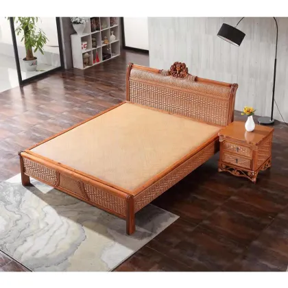 Simple Solid Wood Rattan Bedroom Furniture Bed