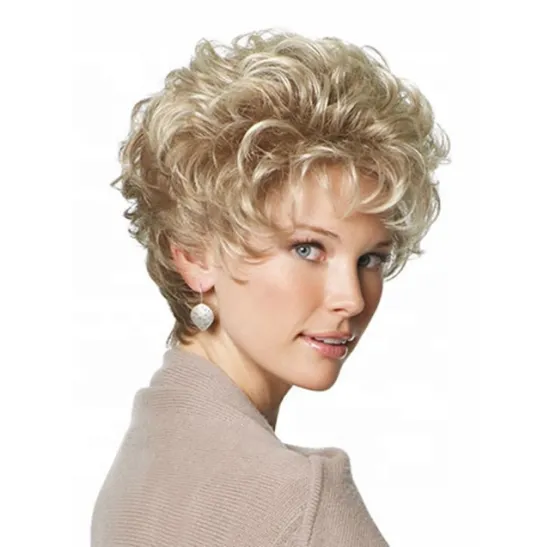 Aishili wholesale short gold color hair synthetic wigs  natural wave and kinky curly synthetic hair wigs for women
