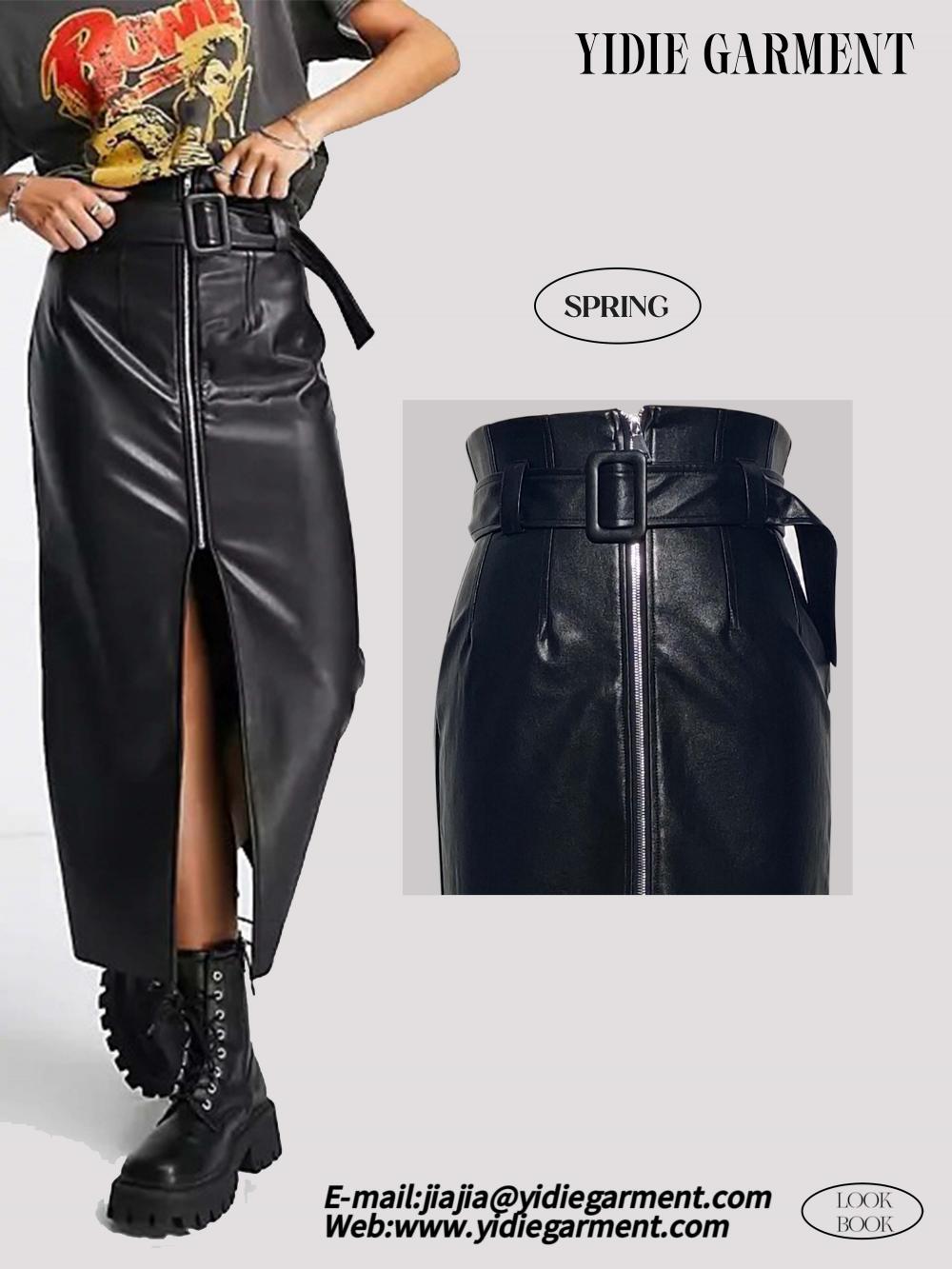 Black Faux Leather Belted Midi Skirt With Zip