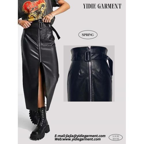 Rok midi ikat pinggang kulit hitam dengan zip