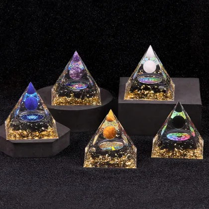 Black Obsidian Sphere Raw Black Obsidian Base Gold 60MM Pyramid Ornament