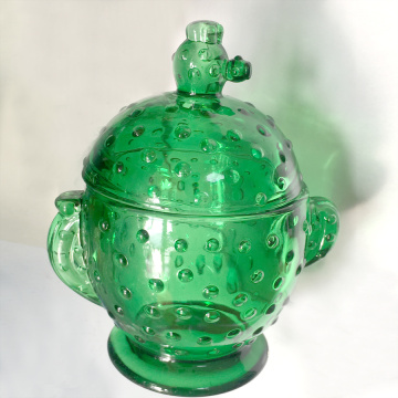 Elegant Green Glass Cactus Cookie Jar