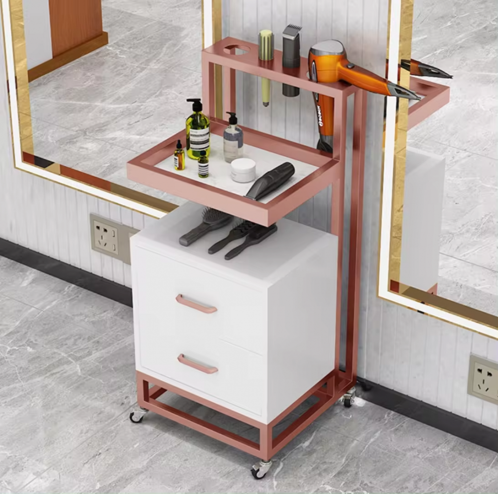 Nuevo diseño de muebles de salón Gabinete de barbería, herramienta de salón de oro moderna Trolly, gabinete de peluquería de metal con cajón