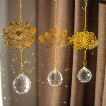 Gold Lotus Hanging Sun Catcher Crystal Rainbow Prism - New Arrivals