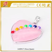 Pendentif en forme de coeur de quartz Rose Rose avec sept chakras