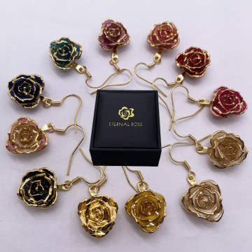 Multiple Color Gold Plated Earrings with Real Rose Shaped Flowers