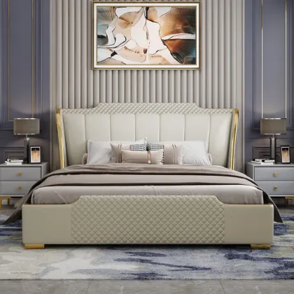 Gold stainless steel luxury leather bed with storgae