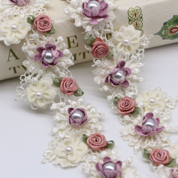Wholesale Multi Color Water Soluble 3D Rose Pearl Flower Beads Lace Edge Ribbon for Sewing and Girl Dresses
