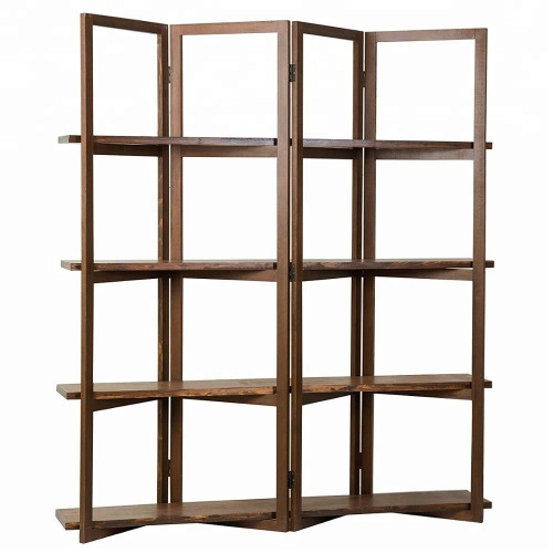 Wood 4-Panel Room Divider 4 Tier Display Rack