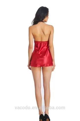 sexy women red lace satin nightgown