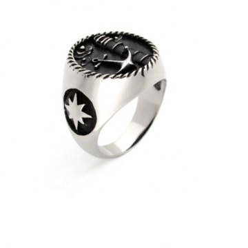 Yiwu Aceon Stainless Steel Logo Embossed Oval Signet Antik Cincin Angkatan Laut Pria Dengan Jangkar dan Desain Mercusuar