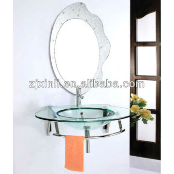 Washbasin bilik mandi kaca berkualiti tinggi: kaca telus dengan pemegang keluli tahan karat