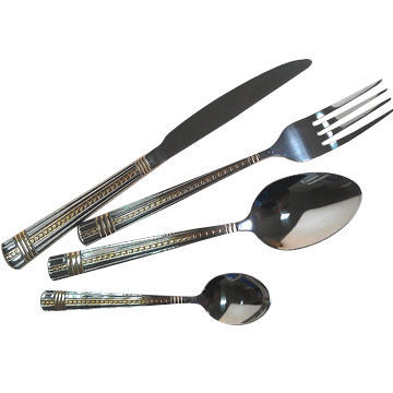 Stainless Steel Cutlery Golden-plated Flatware with Decoration on Handle and Mirror Finish
