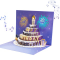 Tarjeta emergente de pastel de cumpleaños brillante con luces y música