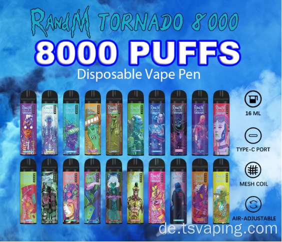 Original 8000 Puffs Einweg-E-Zigaretten-Maschenspulen-Vape