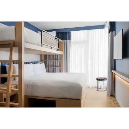Luxury Guestroom Sets: Motto by Hilton Stylish Micro Hotel Bedroom Furniture Bunk Beds