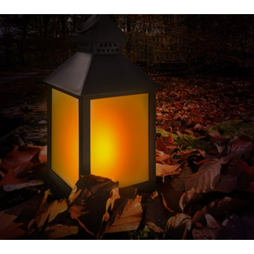 LED lantern with flickering flame optics, flexible hanging