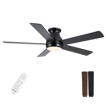 Black 52 Inch LED Flush Mount Ceiling Fan with Remote and Quiet DC Motor