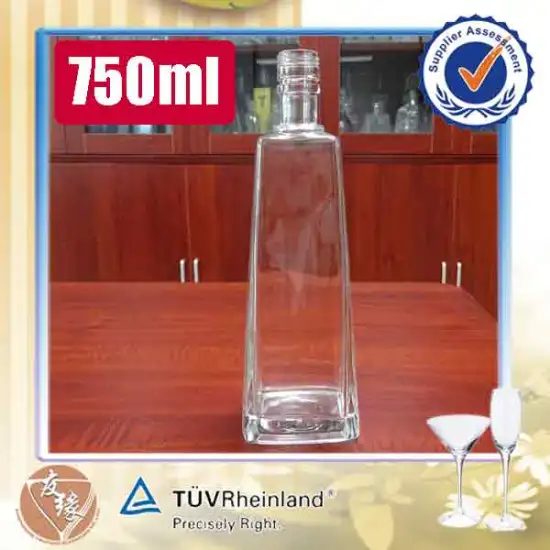 Fancy 750ml vodka , brandy, whisky clear glass bottle custom shape