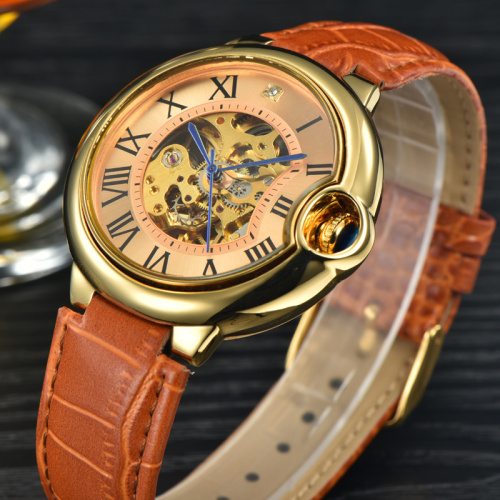 Orange leather band gold case skeleton watches