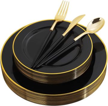 125PCS Black and Gold Disposable Dinner Set: Plates and Cutlery
