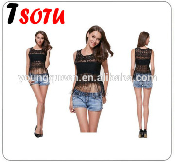 NT11 2016 woman fashion blouse sey lace tassel vest hollow ladies short shirt designs lady blouse & top