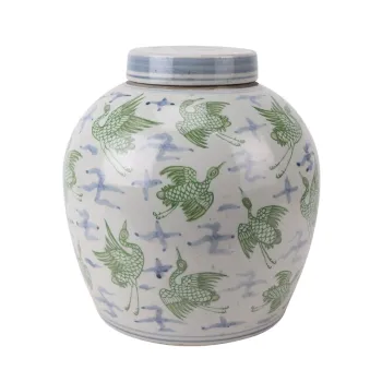 Vintage Green Cranes Ceramic Jar - Handmade Home Decor Vase