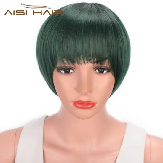 Aisi Hair Green Black Mixed Colors Short Straight Bob Wigs Synthetic Short Straight Bob Wigs For Women