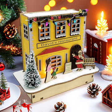 Colourful House Christmas Table Decorations With Wooden Laser Cut Christmas Scene And Light Up For Christmas Gift