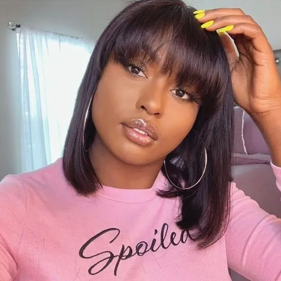 factory low price bob closure wig with bangs fringe, short bob human hair wigs for short neck people