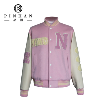 Jaket Varsity Musim Sejuk Musim Luruh Wanita dengan Sulaman Tuala dan Splice Wool-Leather