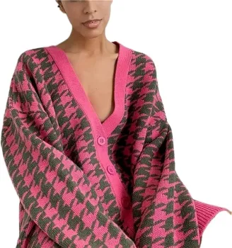 2023 Oversize Houndstooth Cardigan Knit Sweater for Women