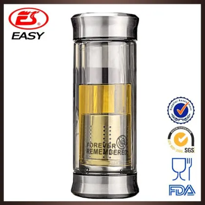 EG310 Transparent stainless steel lid glass double insulation tea bottle with sleeve