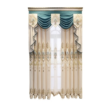 European Luxury Blue and Gold Living Room & Bedroom Decor: Stunning French Windows Embroidered Curtains with Valance