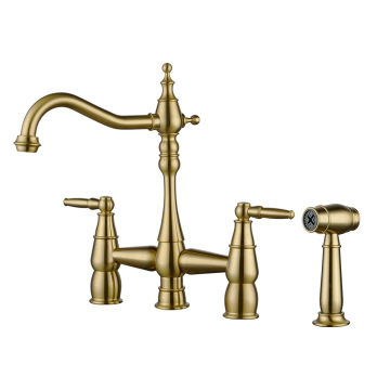 European Style Antique Brass 4-Hole Bridge Kitchen Faucet with Pull-Out Sprayer